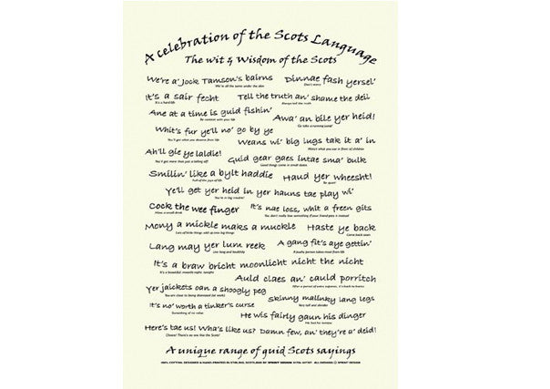 Scots Language Teatowel with phrases and saying in Scots dialect. Available at Quirky Coo